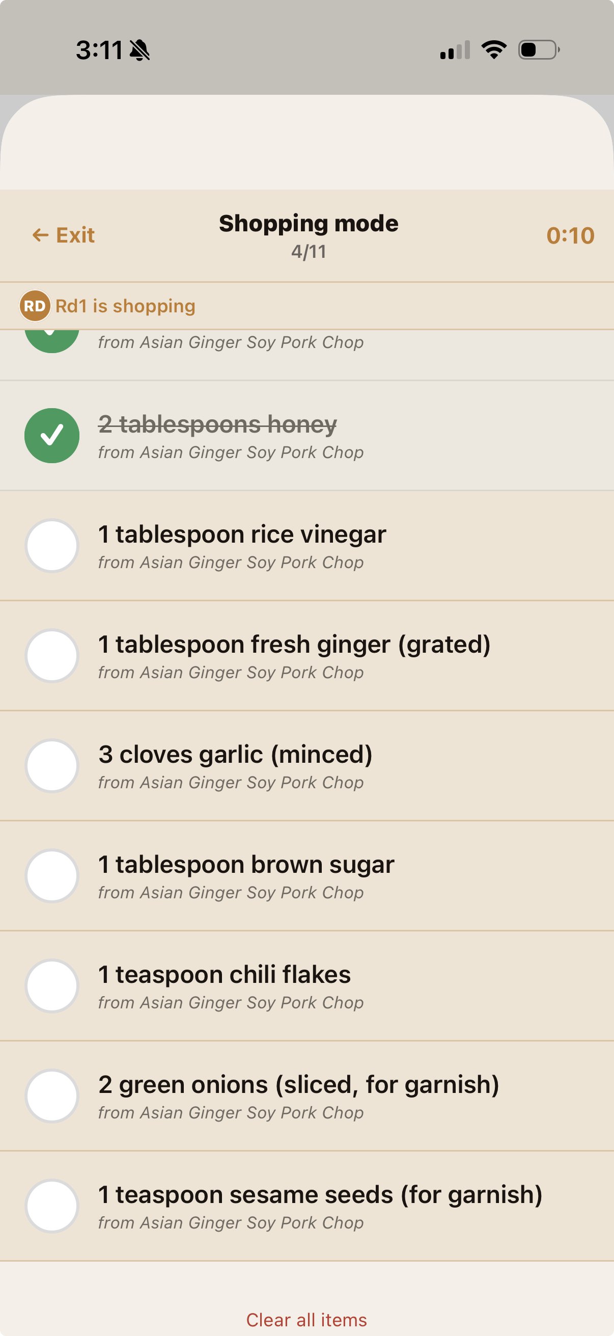 Shopping mode — shared, live ingredient checklist